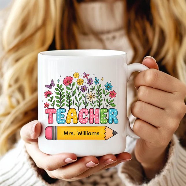 Anpassad Boho Vilda Blommor Lärarmugg, Lärarpresen Kaffemugg (Elementary school teacher mug, Preschool teacher mug, kindergarten teacher mug, Teacher gift)