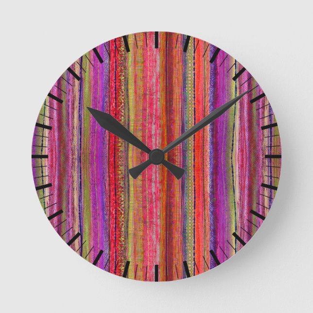 Anpassad Boho Vintage Röd Violett Randig -  Rund Klocka (Framsida)