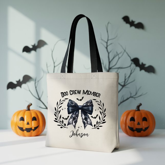 Anpassad Boo Crew-taska, Halloween Coquette-båge v Tygkasse (Halloween Tote Bag, Trick or Treat Bag, Pumpkin Spice Tote Bag, Fall Season Bag, Spooky Coquette bag)