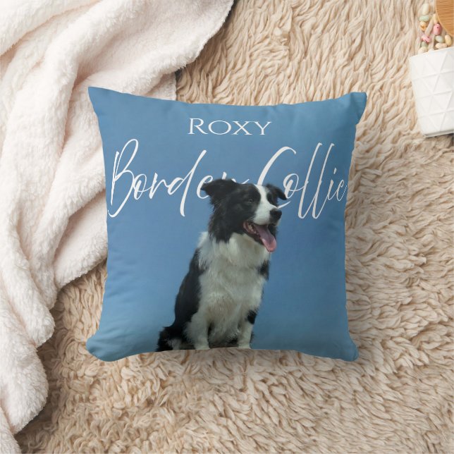 Anpassad Border Collie Foto Retro Blå Typografi Kudde (Filt)
