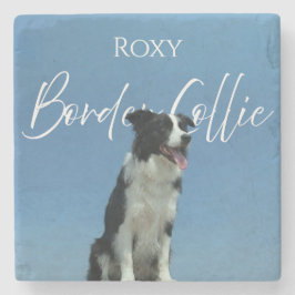 Anpassad Border Collie Foto Retro Blå Typografi Stenunderlägg