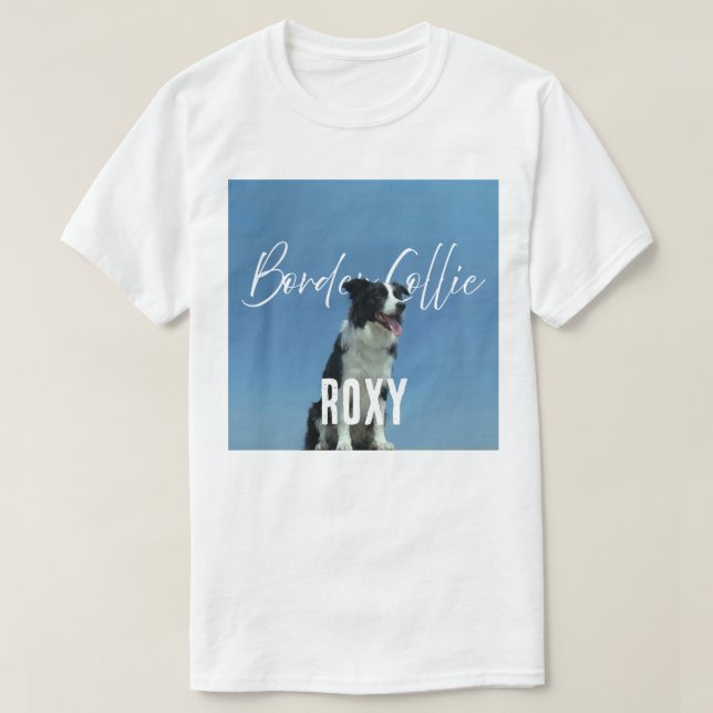 Anpassad Border Collie Foto Retro Blå Typografi T Shirt (Design framsida)