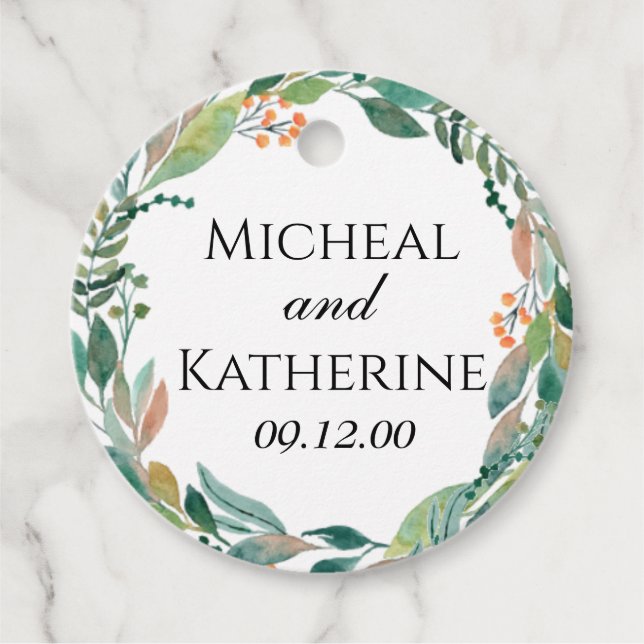 Anpassad botanisk vattenfärgskrans gåvor etiketter (Framsida)