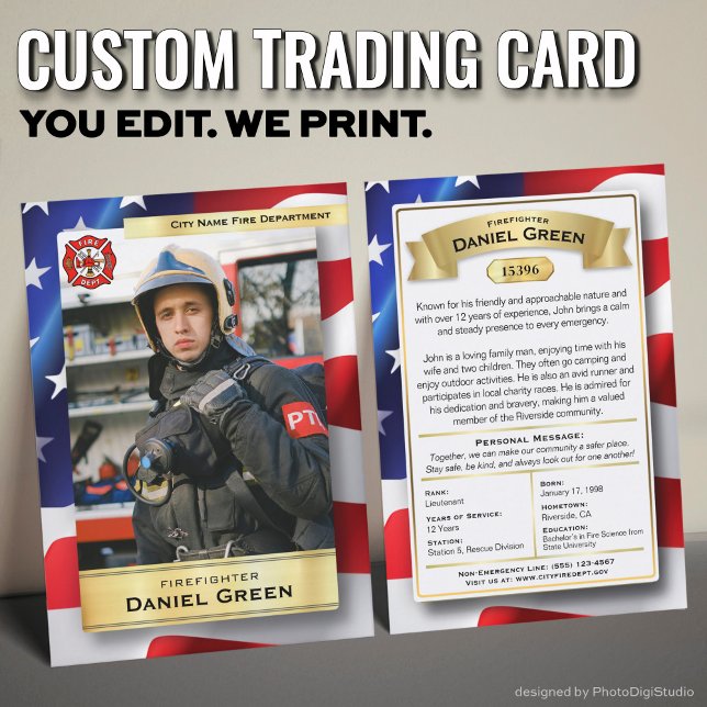 Anpassad brandman utbyteskort, brandförsvaret (Custom Fireman Trading Cards with USA Flag and Gold Elements)