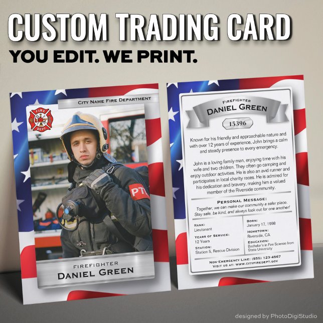 Anpassad brandman utbyteskort, brandförvaring (Custom Fireman Trading Cards with USA Flag and Silver Elements)
