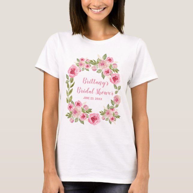 Anpassad Bröllopsdusch Vilda Rosa Rosor Grönska T Shirt (Framsida)