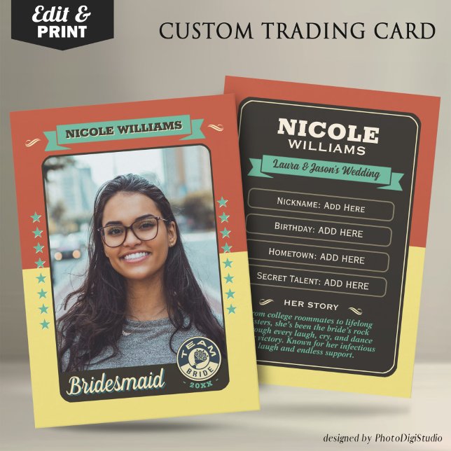 Anpassad bröllopslag kort, brudtärna gåvor (Custom Team Bride Trading Card, Bridesmaids Gifts Maid of Honor Trading Card, Retro Wedding Cards)