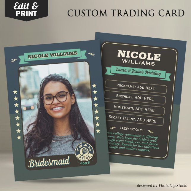 Anpassad bröllopslag kort, brudtjänst gåvor (Custom Team Bride Trading Card, Bridesmaids Gifts Maid of Honor Trading Card, Retro Wedding Cards)