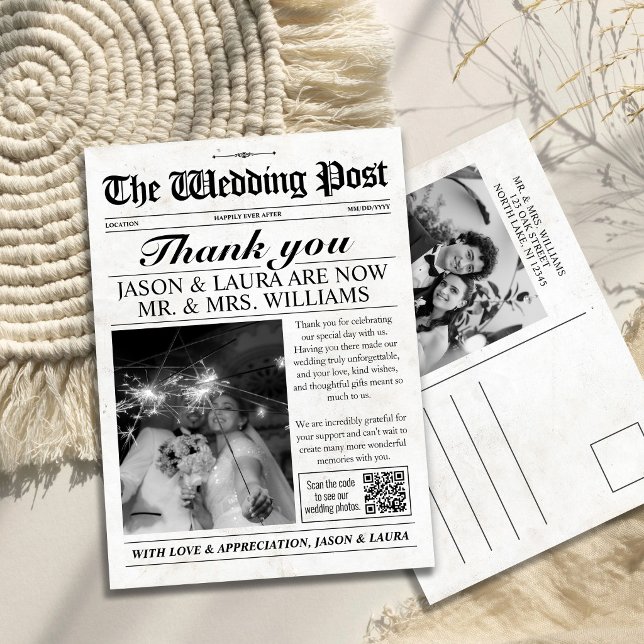 Anpassad bröllopstidning tack kort (Custom Wedding Newspaper Thank You Card)
