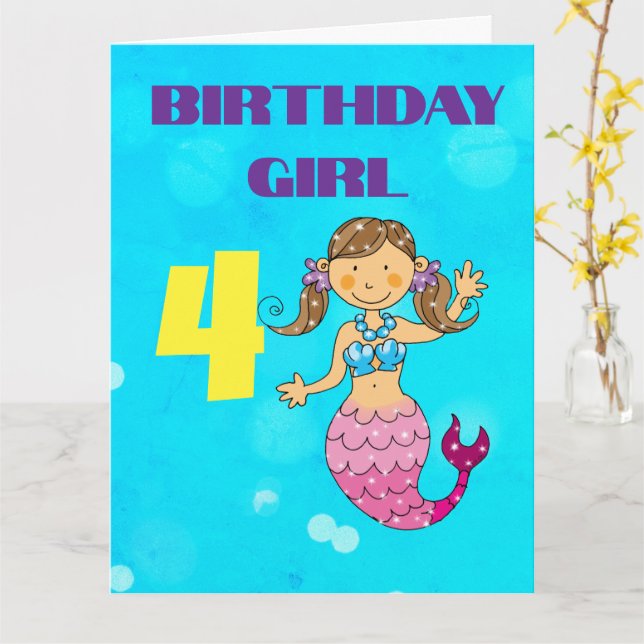 Anpassad Brunhårig Havfrue 4-års Födelsedagsflicka Kort (Gul blomma)