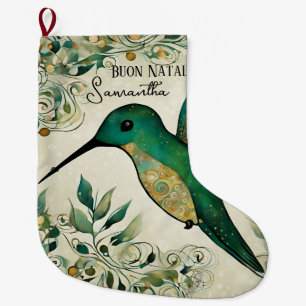 Anpassad Buon Natale Italiensk Grön Kolibri Stor Julstrumpa