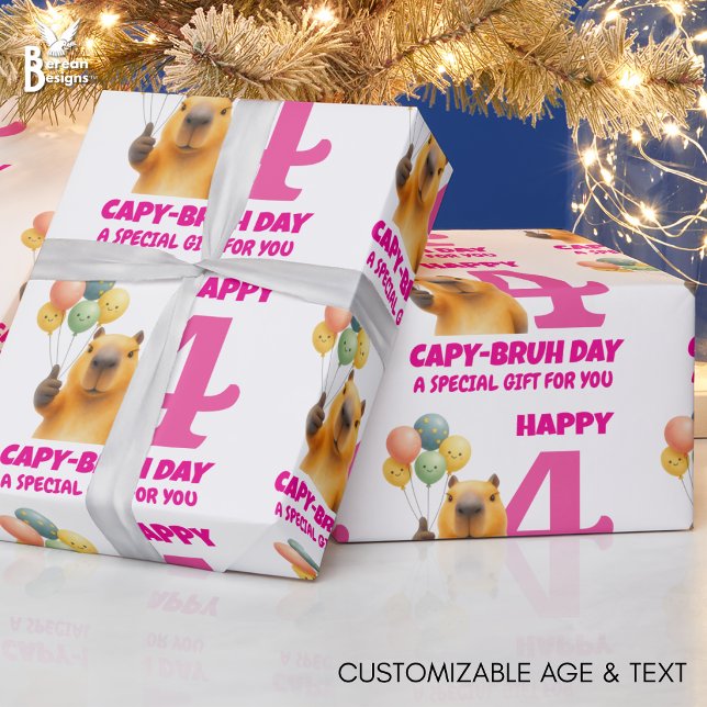 Anpassad Capybara GLAD CAPYBRUH DAG 4-års födelsed Presentpapper (Cute watercolor CAPY-BRUH DAY capybara 4th birthday wrapping paper with customizable age/text)