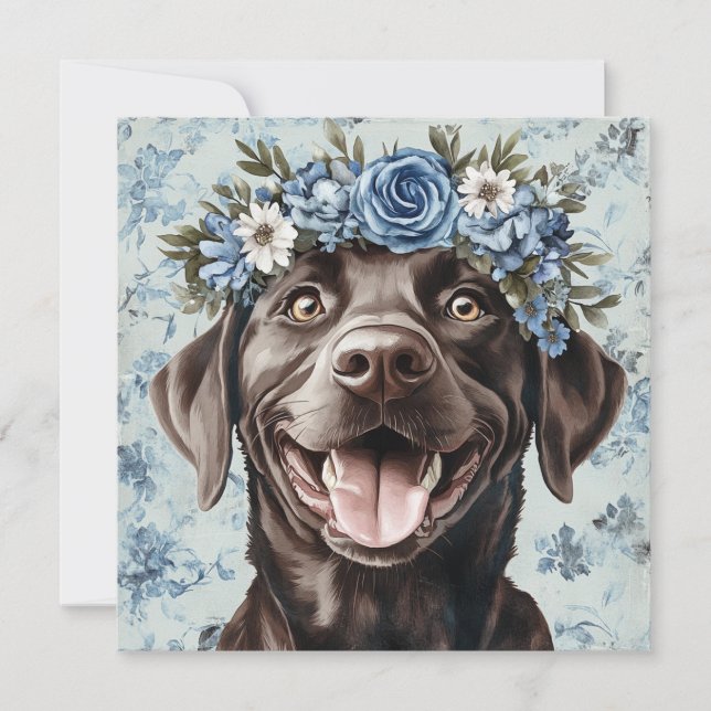Anpassad choklad Labrador hund blå blommig hälsnin Kort (Framsida)