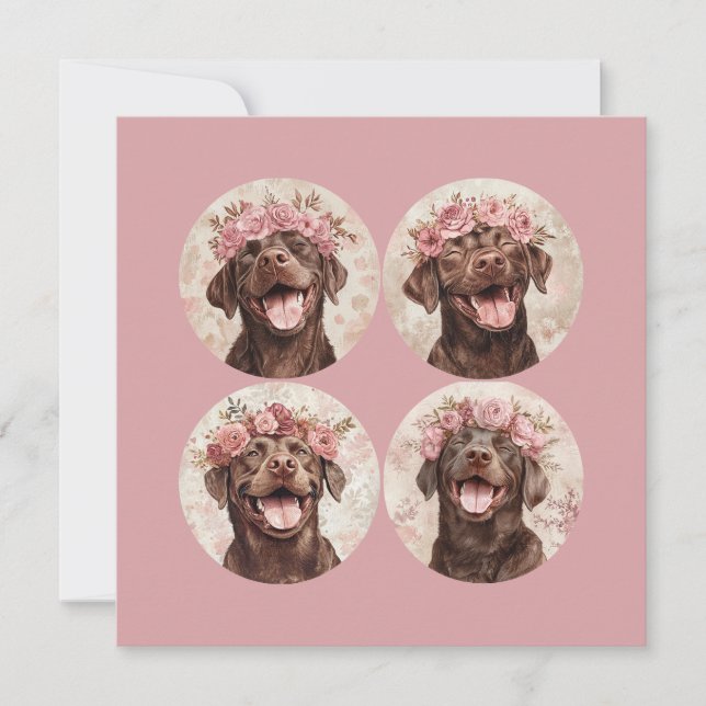 Anpassad chokladlabrador hund rosa blommig hälsnin kort (Framsida)