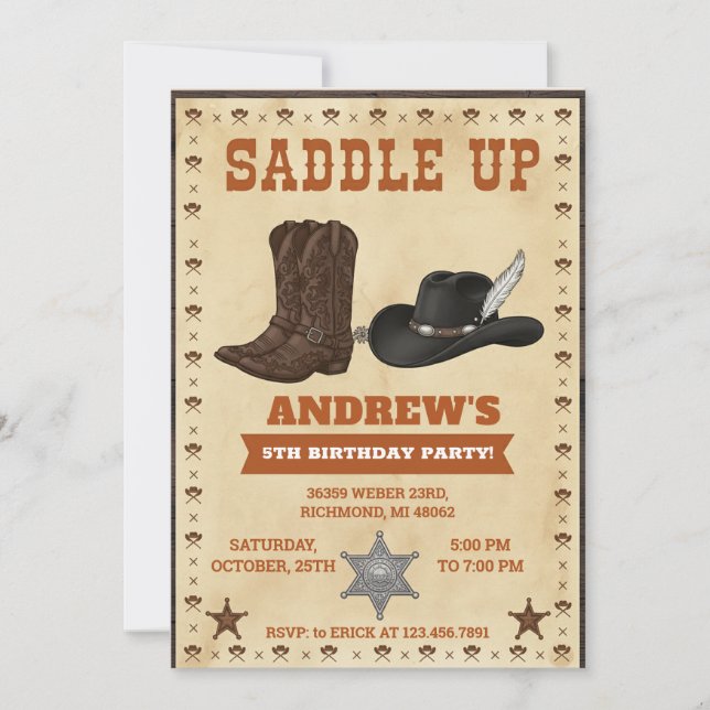 Anpassad Cowboy Western Tema Födelsedagsfest Inbjudningar (Framsida)