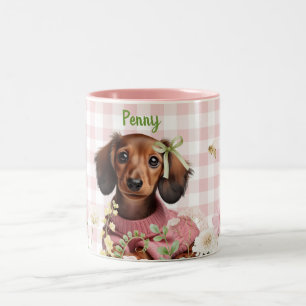 Anpassad Dachshund Rosa & Grön Två-Tonad Mugg