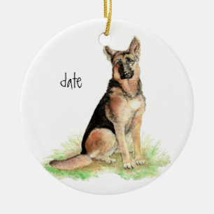 Anpassad daterad tysk schäferhund, hunddjur, djur julgransprydnad keramik