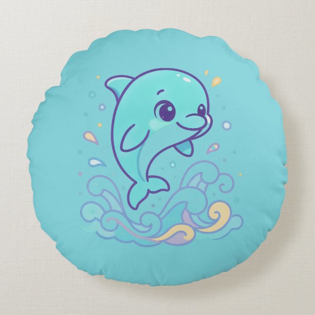 Anpassad delfin med bubbelstänk Söt ocean djur Rund Kudde (Framsidan)
