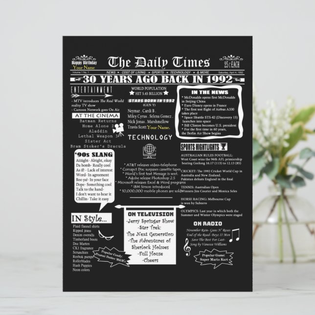 Anpassad design 30-års födelsedagsinbjudan År 1992 Inbjudningar (Stående Fram)