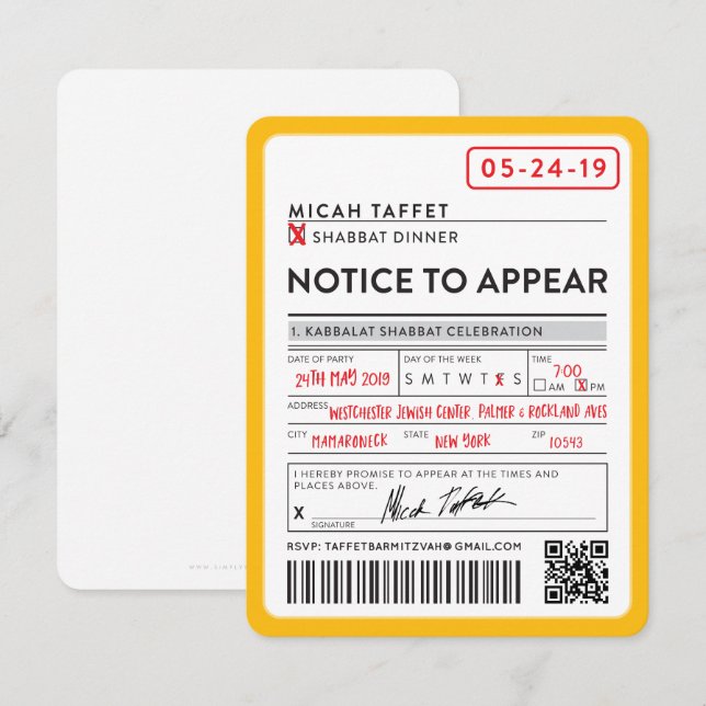 ANPASSAD DESIGN Pub Mitzvah New York Biljett Inbjudningar (Fram/baksida)