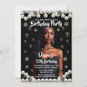 Anpassad Diamant- och Pärlfotobirthdayfest Svart Inbjudningar