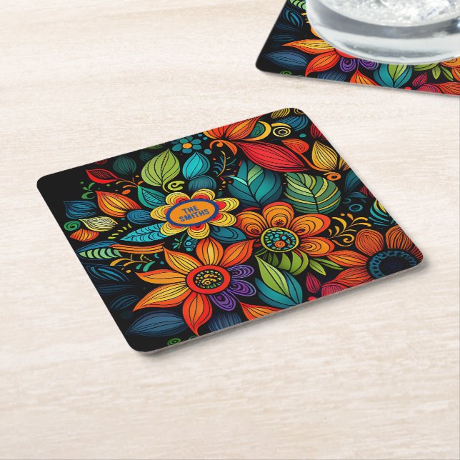 ANPASSAD DOODLE FLOWERS ART DESIGN UNDERLÄGG PAPPER KVADRAT (Vinklad)