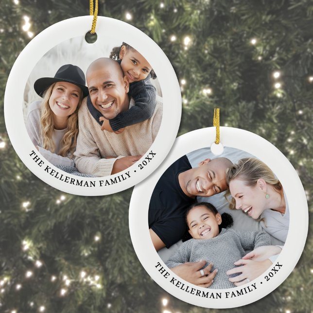 Anpassad dubbelsidig jul med två familjefoton julgransprydnad keramik (Custom Double Sided Family Two Photo Christmas Ceramic Ornament)