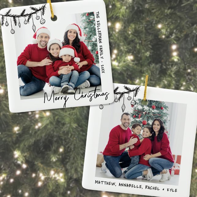 Anpassad dubbelsidig julfamilj med två bilder julgransprydnad keramik (Elegant Hand Drawn Family Photo Christmas Ceramic Ornament)