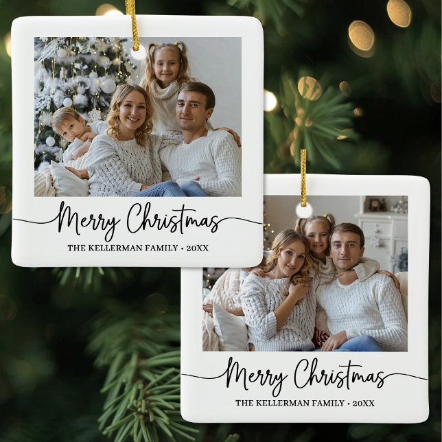 Anpassad dubbelsidig två-bilds God Jul Julgransprydnad Keramik (Custom Double Sided Two Photo Merry Christmas Ceramic Ornament )