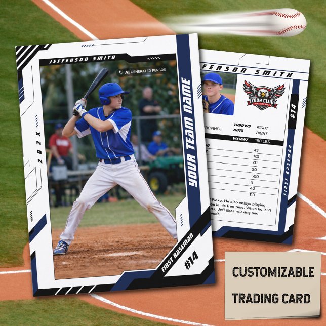 Anpassad Dynamisk Blå Basebollspelare Byteskort (Custom blue baseball trading card made to celebrate your player, team, and season.)