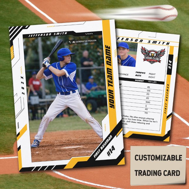 Anpassad dynamisk gul baseballkort för spelare (Celebrate your player and season with a personalized baseball trading card made to stand out.)