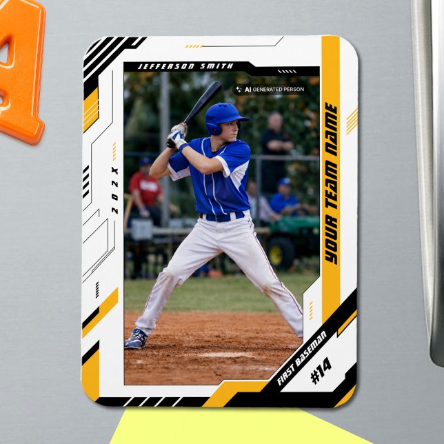 Anpassad Dynamisk Gul Baseballspelarfoto Magnet (Make Every Baseball Memory Last with a Custom Yellow Photo Magnet)