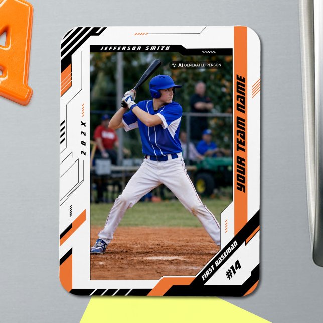 Anpassad Dynamisk Orange Baseballspelarfoto Magnet (Make Every Baseball Memory Last with a Custom Orange Photo Magnet)