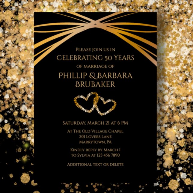 Anpassad Elegant 50-årsjubileum Originala Hjärtan Inbjudningar (Custom 50th Wedding Anniversary Party Invitation, Golden Modern on Black, romantic hearts.)