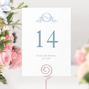 Anpassad, elegant blå monogram bordskylt för bröll