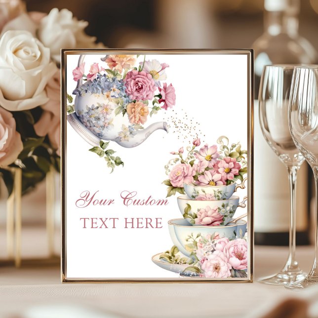 Anpassad Elegant Blommig Vintage Tekopp Bordsskylt Poster (Custom Elegant Tea party decoration table sign)