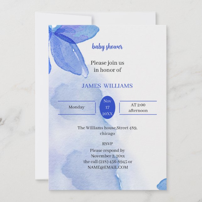 Anpassad elegant Blue Flower Baby Shower Inbjudningar (Framsida)