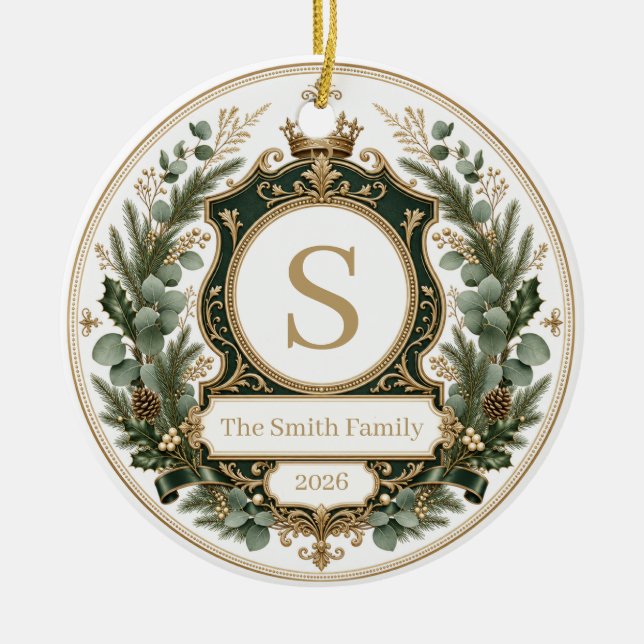 Anpassad Elegant Familjenamn Monogram Julgransprydnad Keramik (Framsidan)