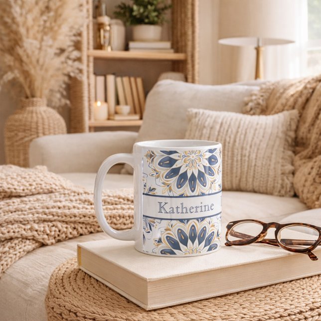 Anpassad Elegant Mandala Guld Marinblå Kaffemugg (Skapare uppladdad)