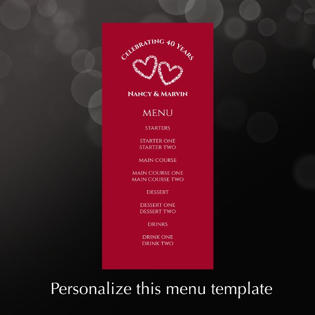 Anpassad Elegant Röd 40-års Bröllopsjubileumsfest Meny (Personalize this elegant red 40th wedding anniversary menu. Custom modern script and unique hearts.
)