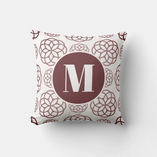 Anpassad Elegant Vinröd Cirkulär Mönster Monogram Kudde (Framsida)