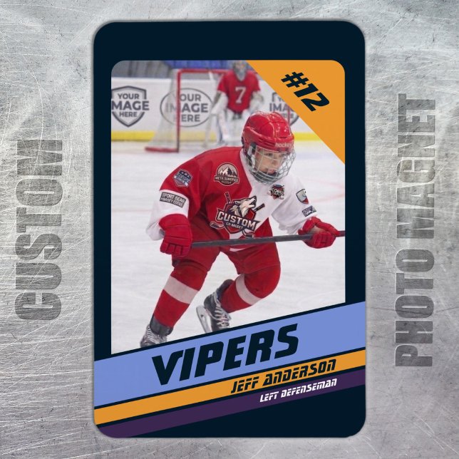 Anpassad Elite Navy & Guld Ishockey Foto Magnet (Ice Hockey: Vibrant violet jersey magnet featuring customizable player image and number.)