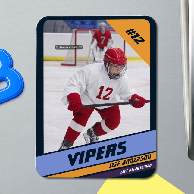 Anpassad Elite Navy & Guld Ishockey Foto Magnet (Ice Hockey: Vibrant violet jersey magnet featuring customizable player image and number.)