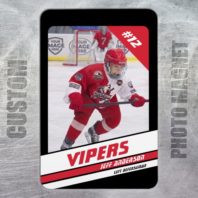 Anpassad Elite Röd Ishockey Foto Magnet (Ice Hockey: Bold black and red jersey magnet featuring customizable player image and number.)
