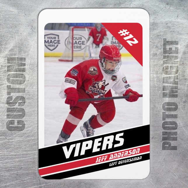 Anpassad Elite Röd & Vit Ishockey Foto Magnet (Ice Hockey: Create your magnet with a striking white and red jersey, player image, and number.)