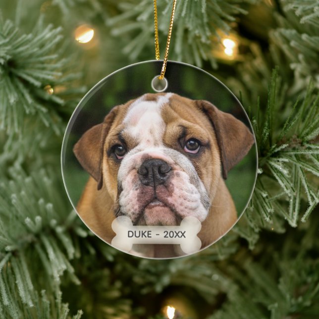 Anpassad engelsk bulldogg hund foto julgransprydnad keramik (Träd)