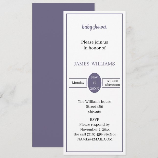 Anpassad enkel babystötare för Lila Inbjudningar (Fram/baksida)