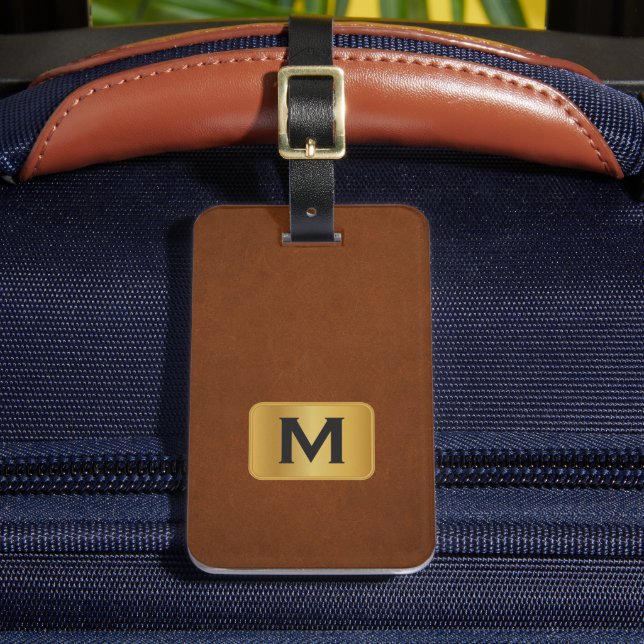 Anpassad Enkel Sabel Läder Guld Monogram Bagagebricka (Framsida Insitu 2)