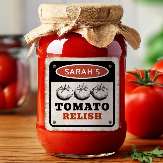 Anpassad etikett för tomatrelish med grungig skylt (Skapare uppladdad)