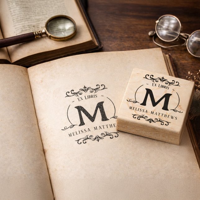 Anpassad Ex Libris Monogram Bokplåt Stämpel (Custom Ex Libris Monogram Book Plate Rubber Stamp)